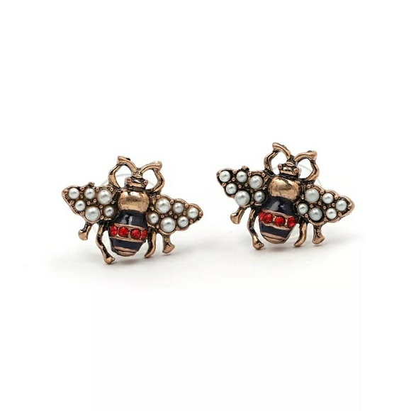J&E Bijou Jewelry - White Pearl Rhinestone Lady Bug Vtg Stud Earrings